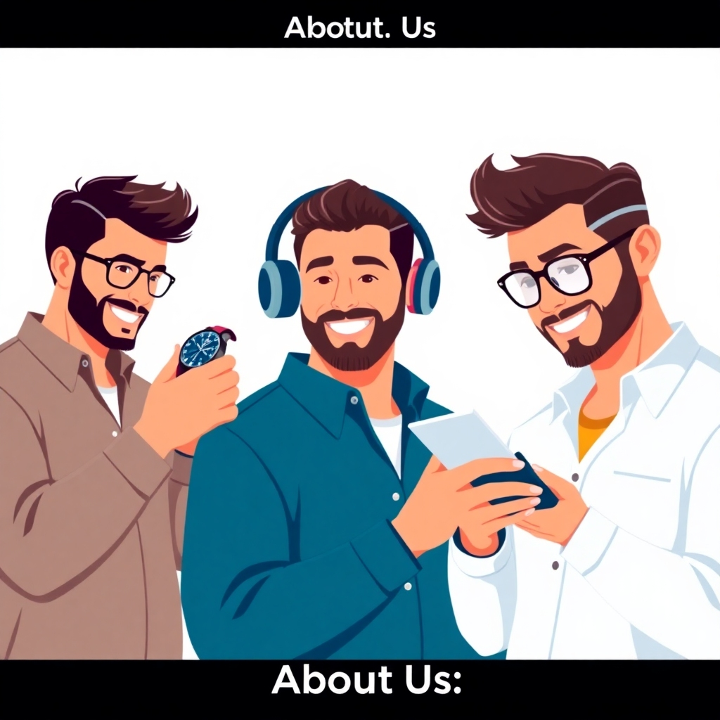 Create a stylized image for the About Us section.  The image should feature three diverse men, each interacting with a unique gift. One man could be admiring a personalized watch, another could be using stylish headphones, and a third could be unboxing a tech gadget. The style should be slightly illustrative, with bold colors and a clean aesthetic, reminiscent of modern graphic design trends.  The lighting should be bright and cheerful, creating a positive and approachable atmosphere. The background should be a simple, minimalist setting, allowing the gifts and the men to take center stage. The image should be 4K resolution, showcasing high-quality details. Use a color palette that's vibrant and exciting, but still maintains a sophisticated feel. The overall style should be contemporary and engaging, conveying the brand's mission to provide unique and memorable gifting experiences.