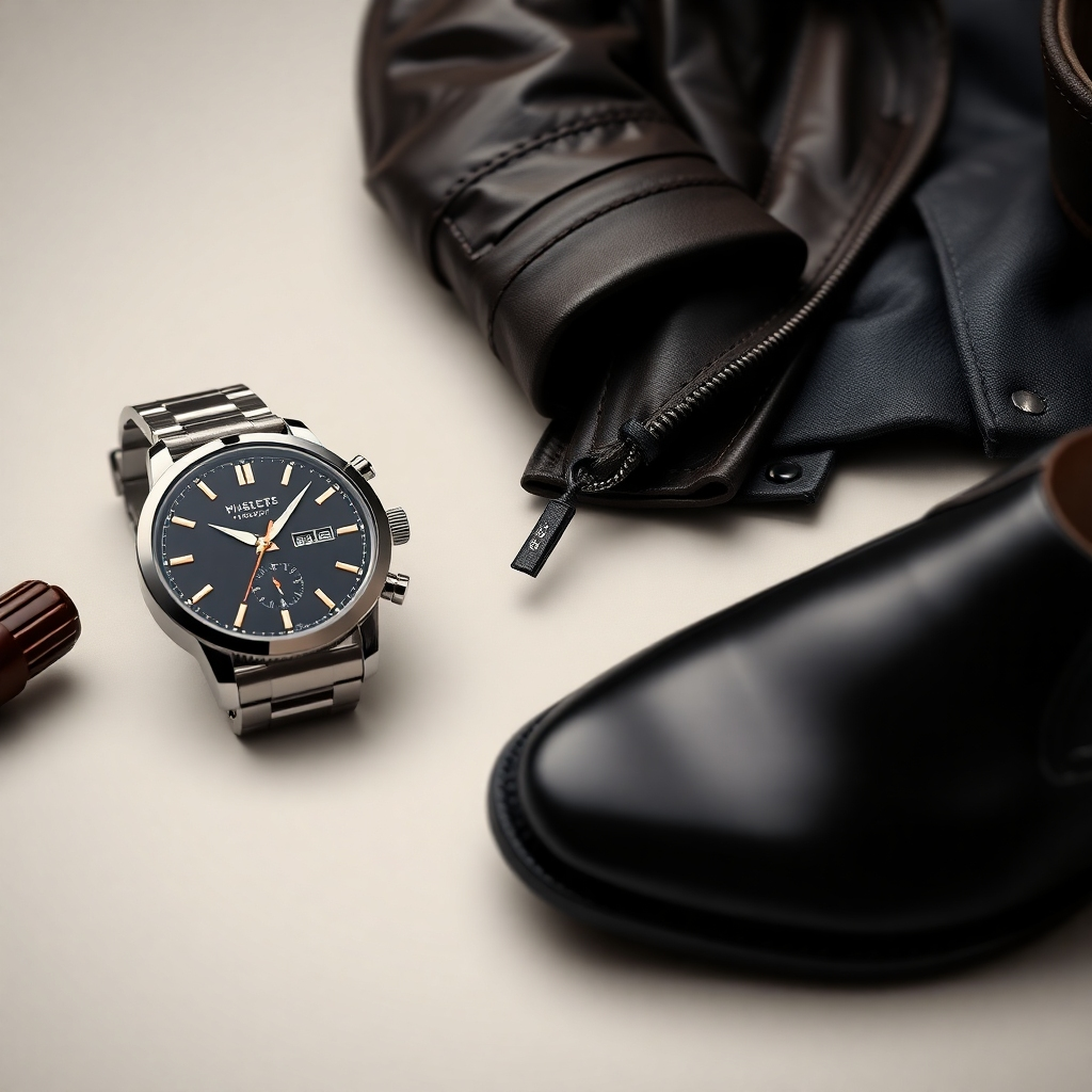Generate a photorealistic image of several stylish men's items, such as a high-end watch, a leather jacket, and sophisticated shoes. The image should have a sophisticated tone, with subdued lighting and a neutral background. Close-ups will highlight texture.