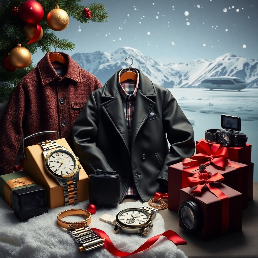 Generate an image with luxury holiday gifts such as designer clothes, expensive watches, high-end electronics, and travel experiences. This scene should feel high-end, with a high-contrast style