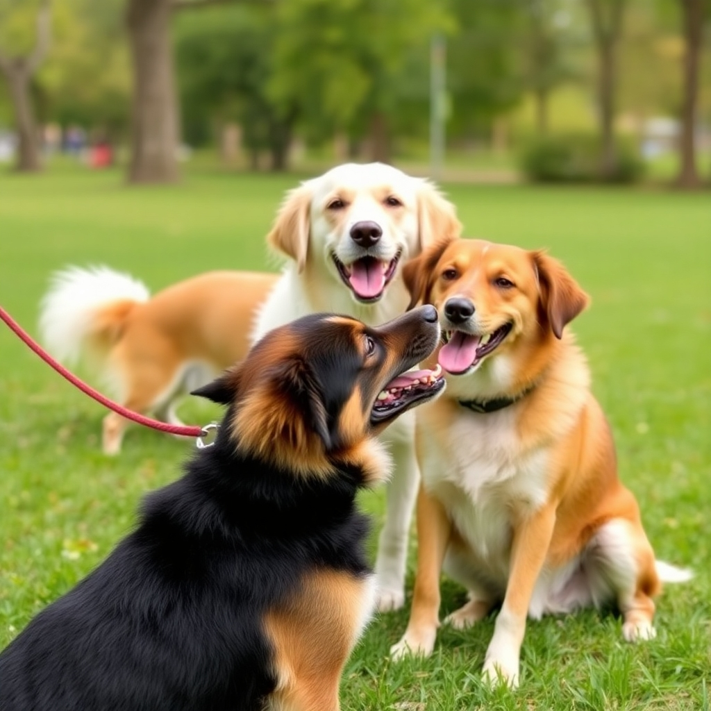 Photographic image of dogs engaged in positive training exercises. The dogs should be relaxed and happy; the background is a park or an outdoor area.