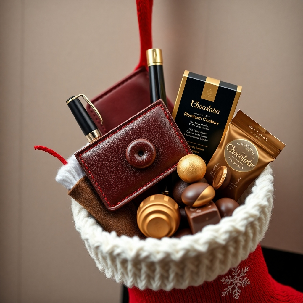 Photorealistic image of a Christmas stocking brimming with high-quality stocking stuffers such as a small leather wallet, a high-end pen, a premium coffee blend, and a selection of gourmet chocolates. The focus should be on high-quality textures and rich colors.