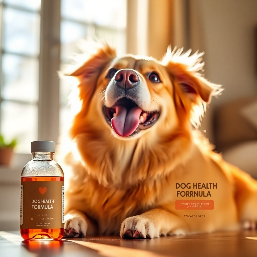 Photorealistic image of a happy dog with a shiny coat, next to a bottle of dog health formula, with sunlight streaming through a window in the background. Use warm, inviting colors and shallow depth of field.