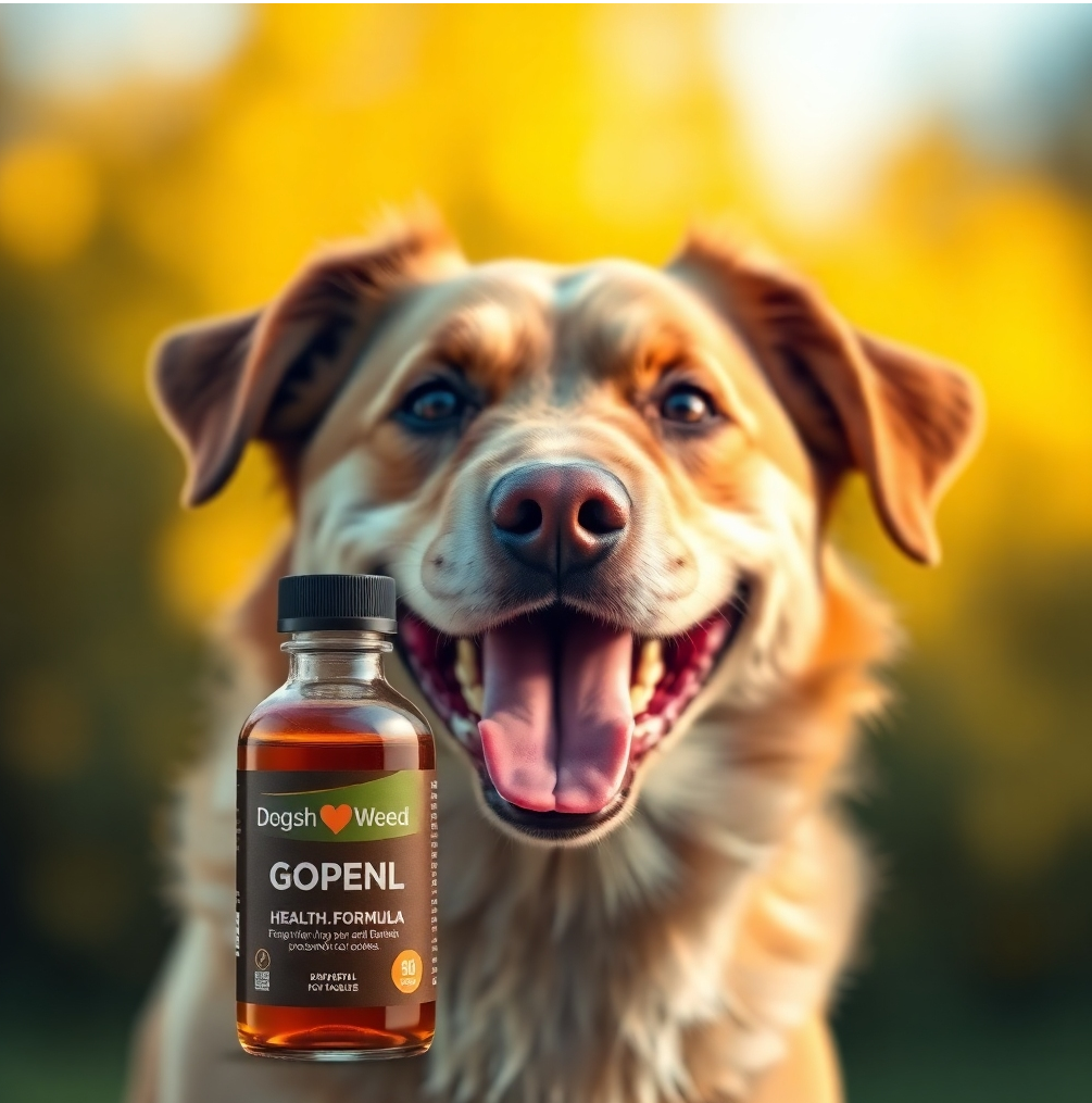 Φωτορεαλιστική εικόνα που δείχνει έναν χαρούμενο, ενεργητικό σκύλο, με ένα μπουκάλι της φόρμουλας για την υγεία του σκύλου σε πρώτο πλάνο, τονίζοντας μια αίσθηση ζωντάνιας και ευτυχίας. Χρησιμοποιήστε ζεστό φωτισμό και εστιάστε στην χαρούμενη έκφραση του σκύλου.