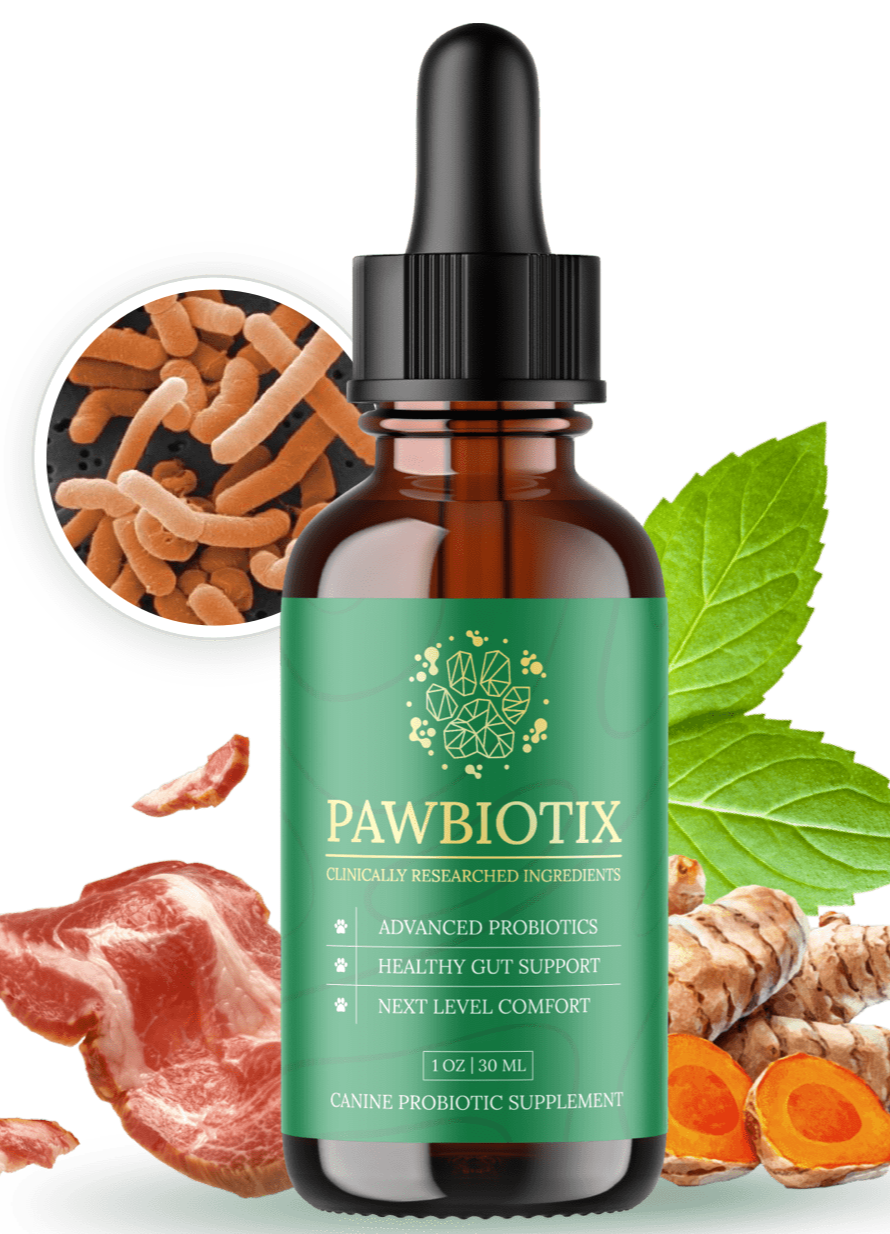 Close-up, high-resolution image of the dog health formula bottle, showcasing its design and highlighting its key ingredients with subtle text overlays. Use professional product photography lighting.