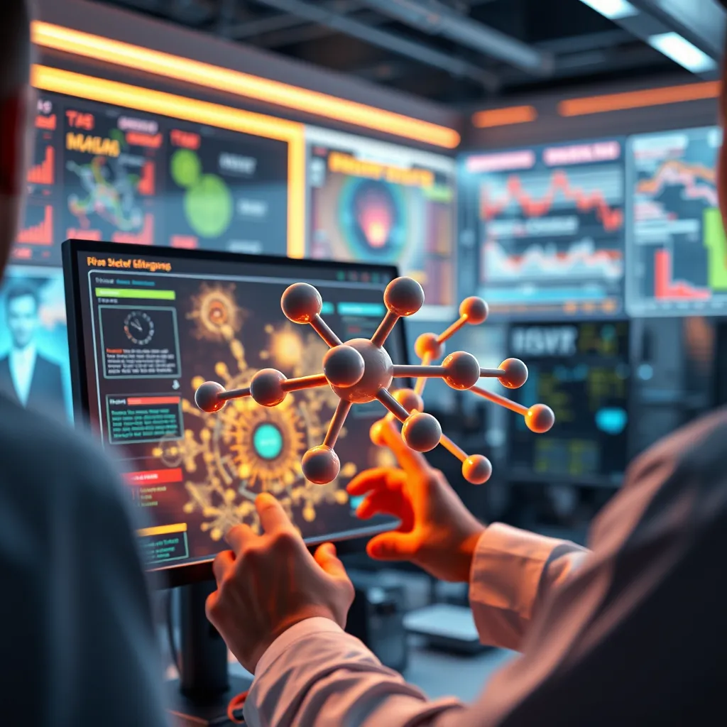 A 3D model of a molecule is being manipulated on a computer screen by a scientist, surrounded by complex visualizations representing various drug interactions and potential side effects. The background shows a futuristic lab with glowing screens displaying data and simulations, emphasizing the speed and accuracy of AI-powered drug design.