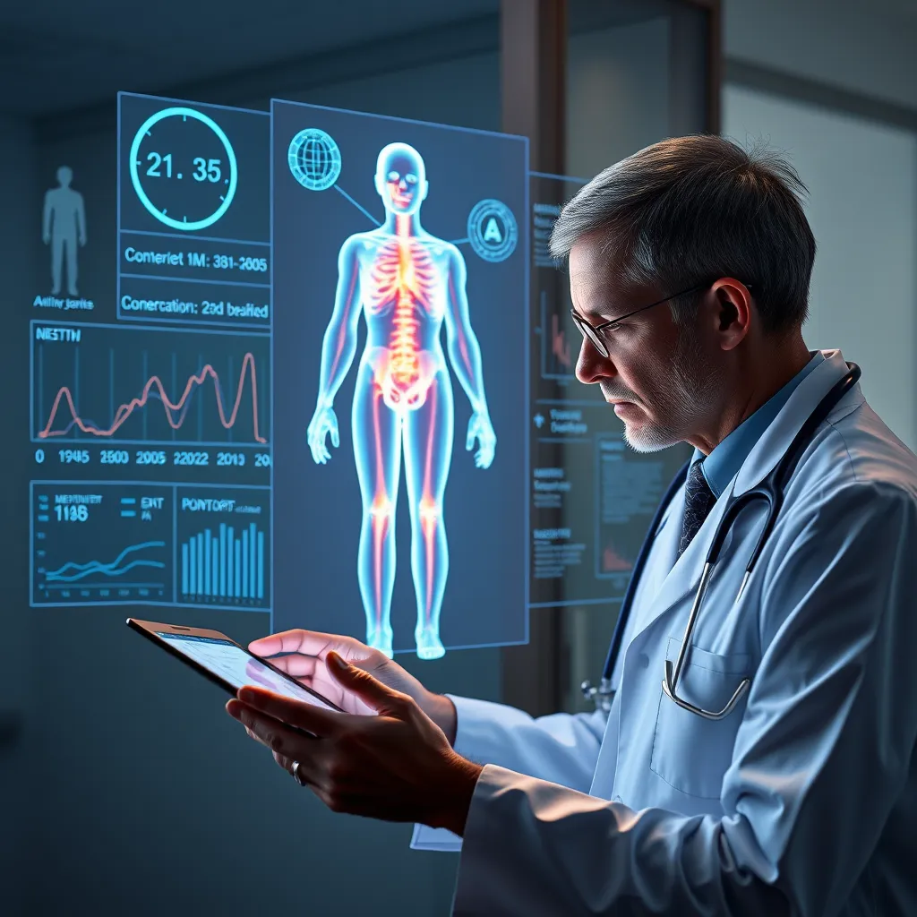 A doctor reviewing a patient's medical records on a tablet, with a holographic projection displaying a 3D model of the patient's body and highlighting areas of concern. Data visualizations show the patient's health indicators over time, with AI-generated predictions guiding treatment decisions. The scene emphasizes the integration of technology and human expertise for precision medicine.