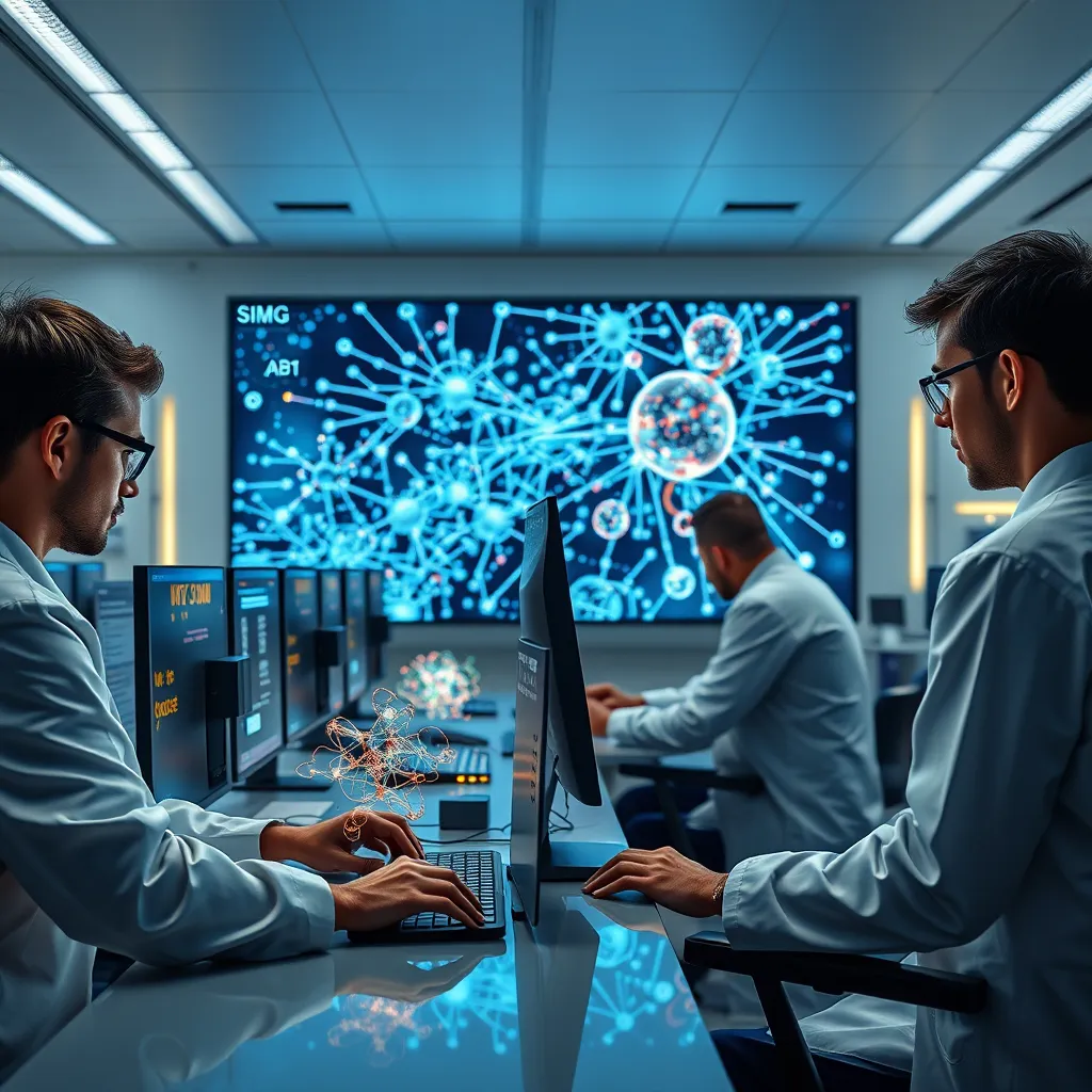 A futuristic laboratory filled with scientists working on computers, analyzing complex data visualizations and 3D molecular models. The background shows a large screen displaying a complex network of interconnected data points, representing the interconnectedness of scientific data and insights. The lighting is bright and modern, highlighting the cutting-edge technology used in the lab.