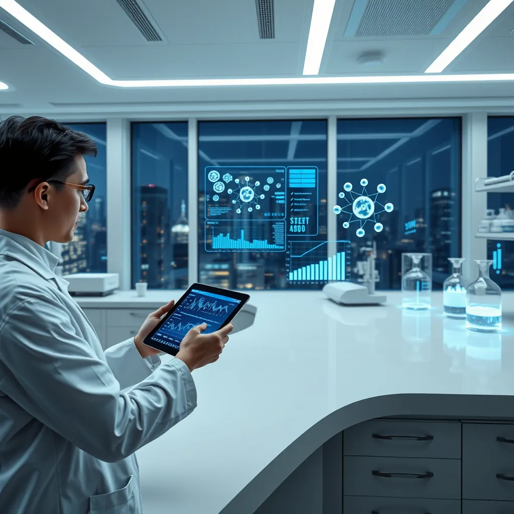 A futuristic laboratory setting with sleek, white countertops and state-of-the-art equipment. A scientist in a lab coat uses a tablet to access a digital dashboard displaying lab data and analysis in real-time, with a holographic projection showing complex molecular structures. The lighting is soft and diffused, creating a clean, sterile environment. The image should be photorealistic, 8K resolution, and capture the seamless integration of technology and scientific research. The background features a large window showcasing a city skyline at night, symbolizing the global impact of the system.