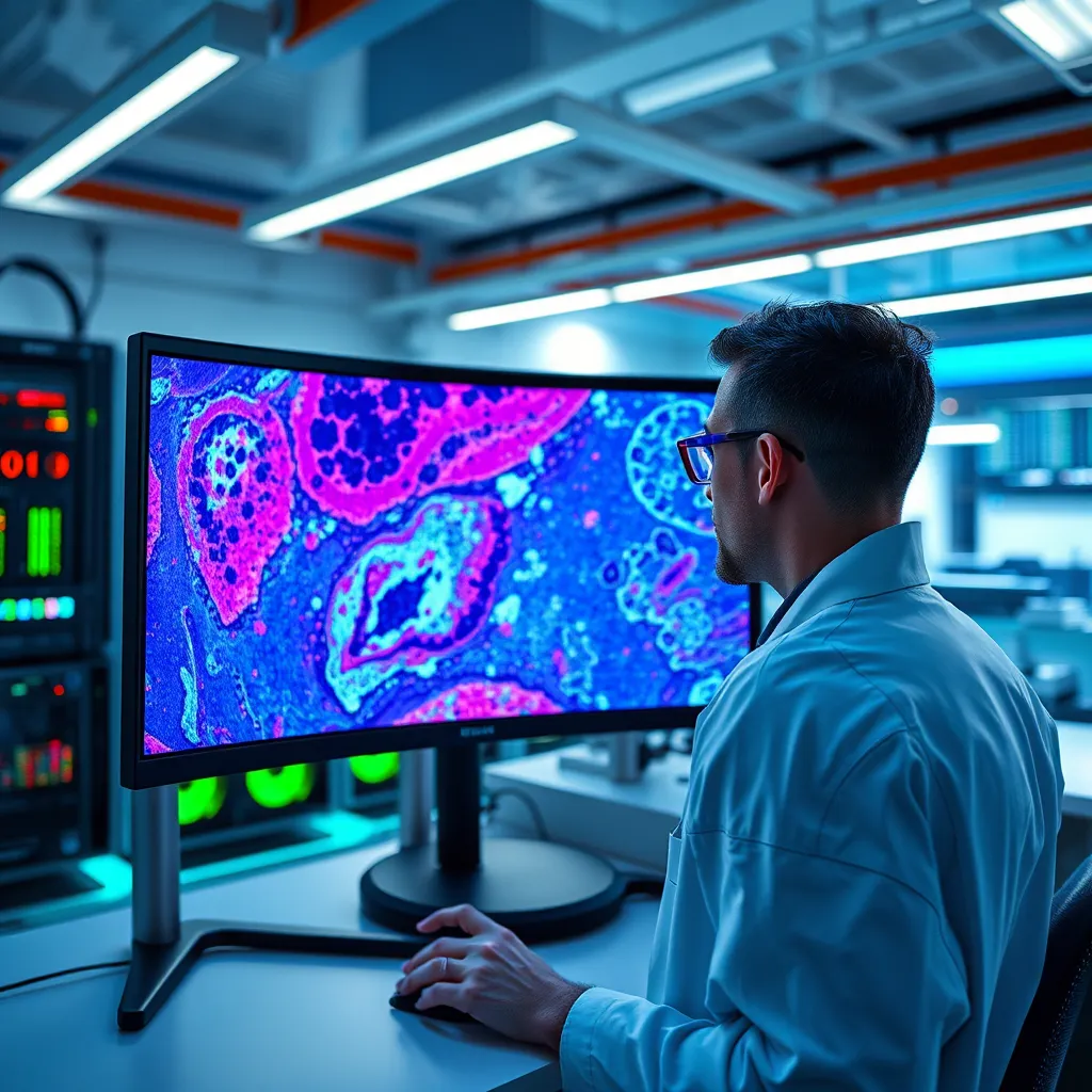 A futuristic laboratory with a scientist examining a digital pathology slide on a large monitor, showcasing vibrant colors and intricate details. In the background, a powerful NVIDIA GPU cluster hums with activity, processing data and generating insights. The scene is bathed in soft, blue light, highlighting the advanced technology at work.