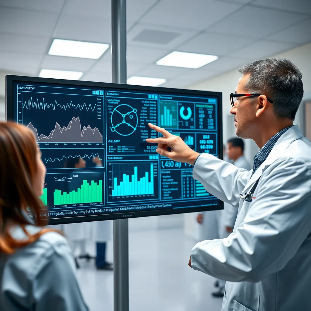 A medical professional analyzing data on a large screen in a hospital setting. The screen displays complex graphs and charts depicting laboratory data from a LIS system. The professional is interacting with the data, highlighting insights and potential trends. In the background, a team of doctors and researchers are collaborating, showcasing the use of LIS data for improved diagnosis and treatment.