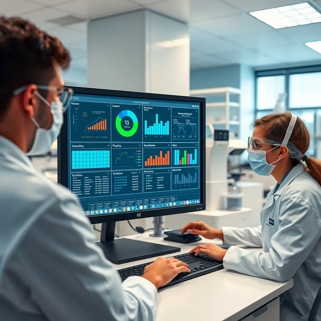 A modern laboratory setting with scientists working on a computer with a user interface showing a laboratory information system. The screen displays data visualizations, automated workflows, and patient information. The lab is brightly lit with modern equipment and a sterile environment. The scientists are focused and professional, showcasing the efficiency of the LIS system.