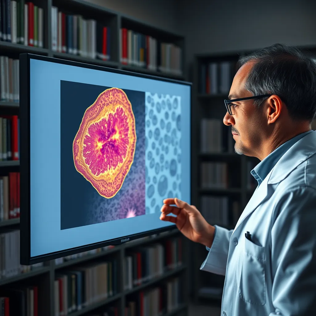 A pathologist in a lab coat carefully examines a high-resolution digital slide of tissue samples on a large monitor. A holographic projection displays a 3D model of the tissue with AI-identified anomalies highlighted in different colors. The lighting is focused on the monitor, creating a dramatic effect that highlights the intricate details of the pathology images. The image should be photorealistic, 8K resolution, and convey the precision and accuracy of the AI-assisted diagnosis. The background features a medical library with shelves filled with medical journals and books, showcasing the scientific foundation of the platform.