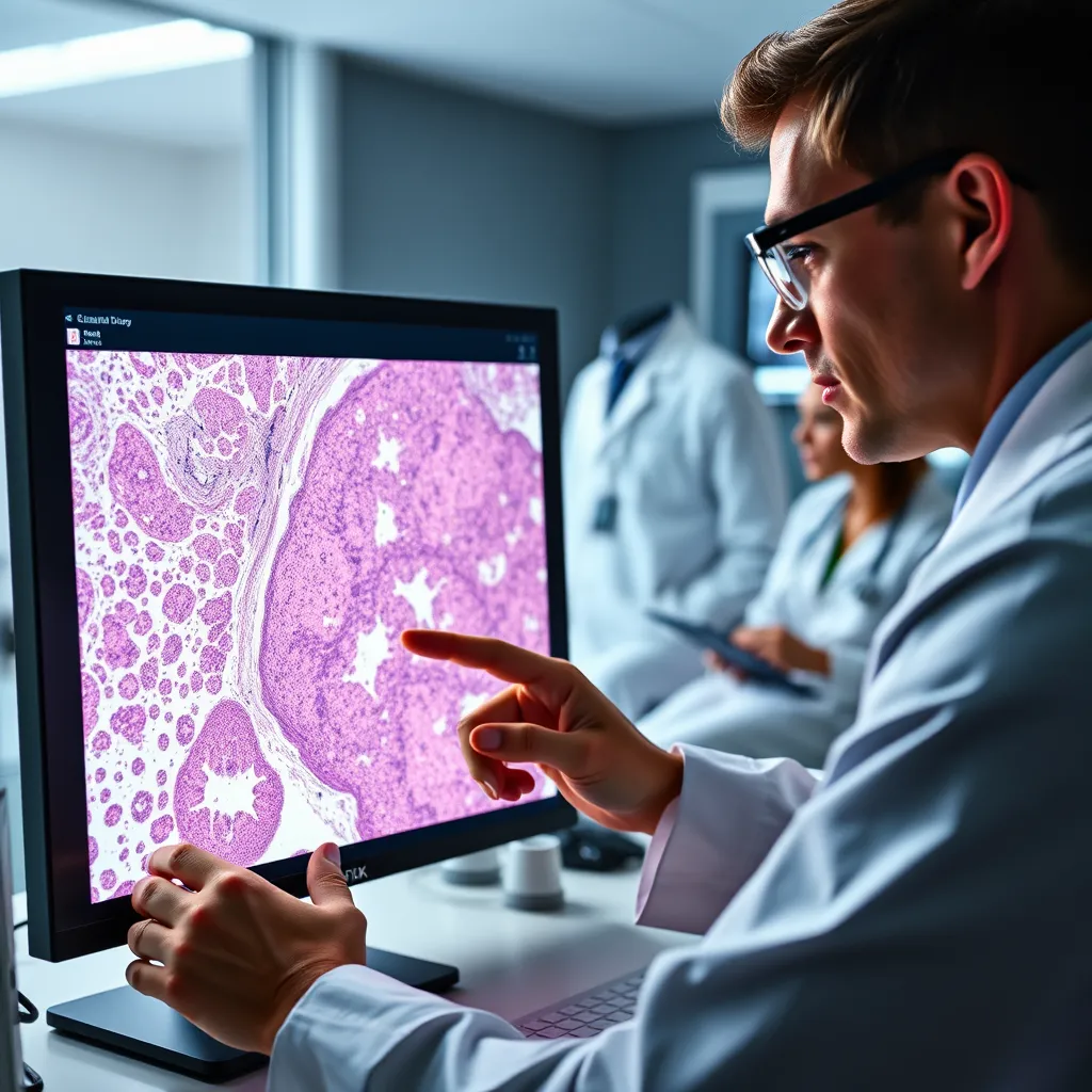 A scientist examining a high-resolution digital slide of a tissue sample on a computer screen. The image is incredibly detailed, showing individual cells and structures. The scientist is using advanced tools for analysis, highlighting specific features and areas of interest. In the background, a medical professional is reviewing the data and discussing treatment options with a patient, emphasizing the personalized approach enabled by digital pathology.