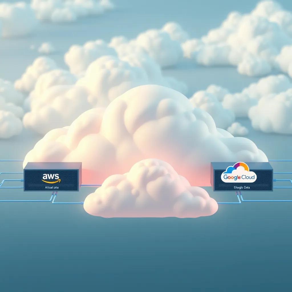 A stylized visualization of a cloud computing architecture with interconnected servers and data pipelines. The servers are labeled 'AWS' and 'Google Cloud' and are connected to a large data lake representing diagnostic data. AI algorithms and models are being deployed on the cloud infrastructure, highlighting the power of these platforms for precision medicine.