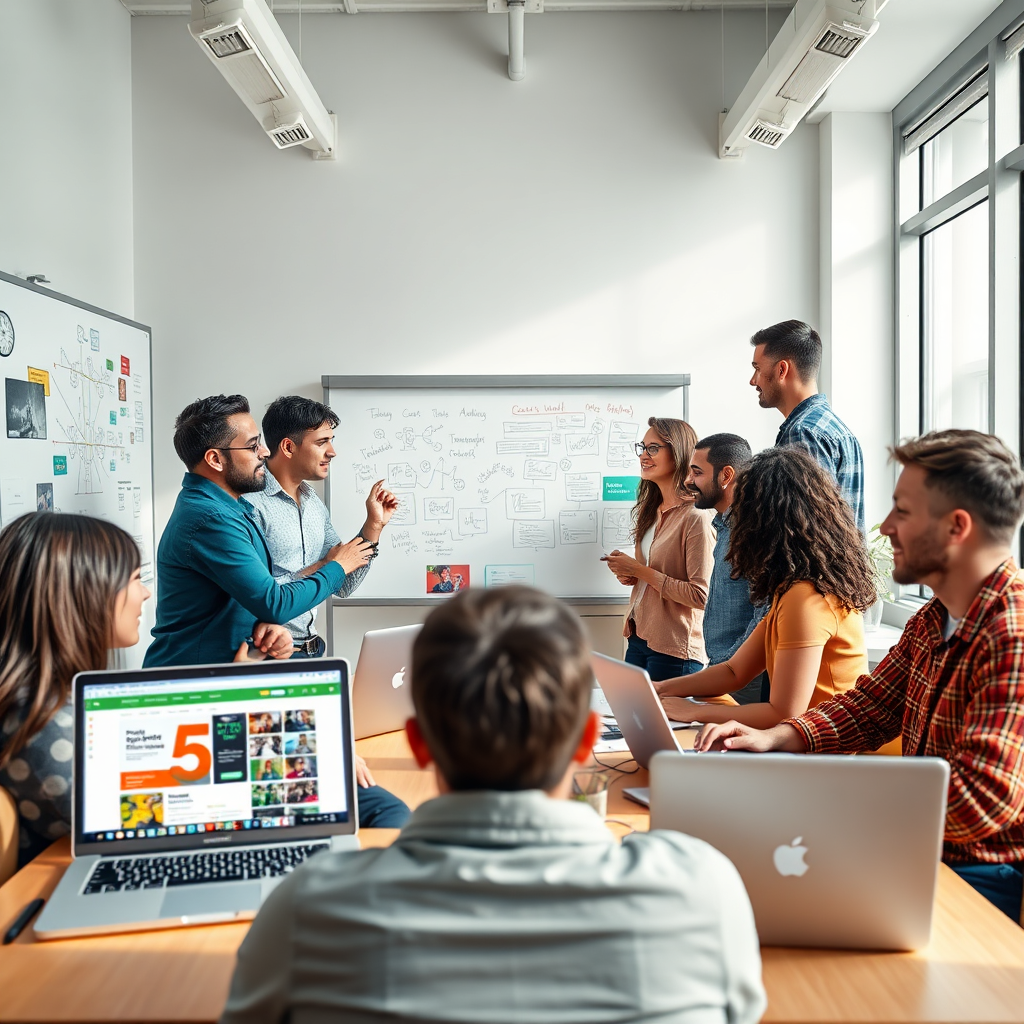 A 4K resolution, high-quality image representing ViralAttraction's mission. Depict a diverse team of digital marketing experts brainstorming in a modern, sunlit office space. The focus should be on collaboration and creativity. Whiteboards filled with ideas, laptops displaying website mockups and social media campaigns, and video editing software should be visible. The color palette should be bright and cheerful, with pops of green, blue, and orange to represent growth, innovation, and energy. The lighting should be natural and diffused, creating a welcoming atmosphere. The camera angle should be eye-level, emphasizing the human connection and teamwork. Style references: think 'Silicon Valley' meets 'Mad Men,' blending modern tech with classic marketing principles. Include subtle textures like wood grain, exposed brick, and soft fabrics to add depth and visual interest.