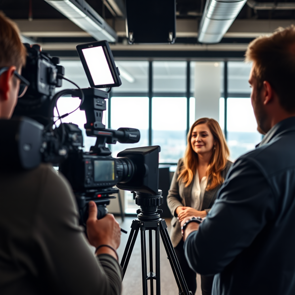 A behind-the-scenes shot of a video production crew filming a testimonial for a local Raleigh business. The scene should be well-lit and professional, with high-quality cameras, lighting equipment, and sound gear. The subject should be relaxed and comfortable, delivering a genuine testimonial. The background should be a modern office space or a scenic location in Raleigh. The overall image should convey professionalism, creativity, and a commitment to quality. The color palette should be vibrant and engaging, reflecting the energy of the video production process. Style: documentary-style realism.