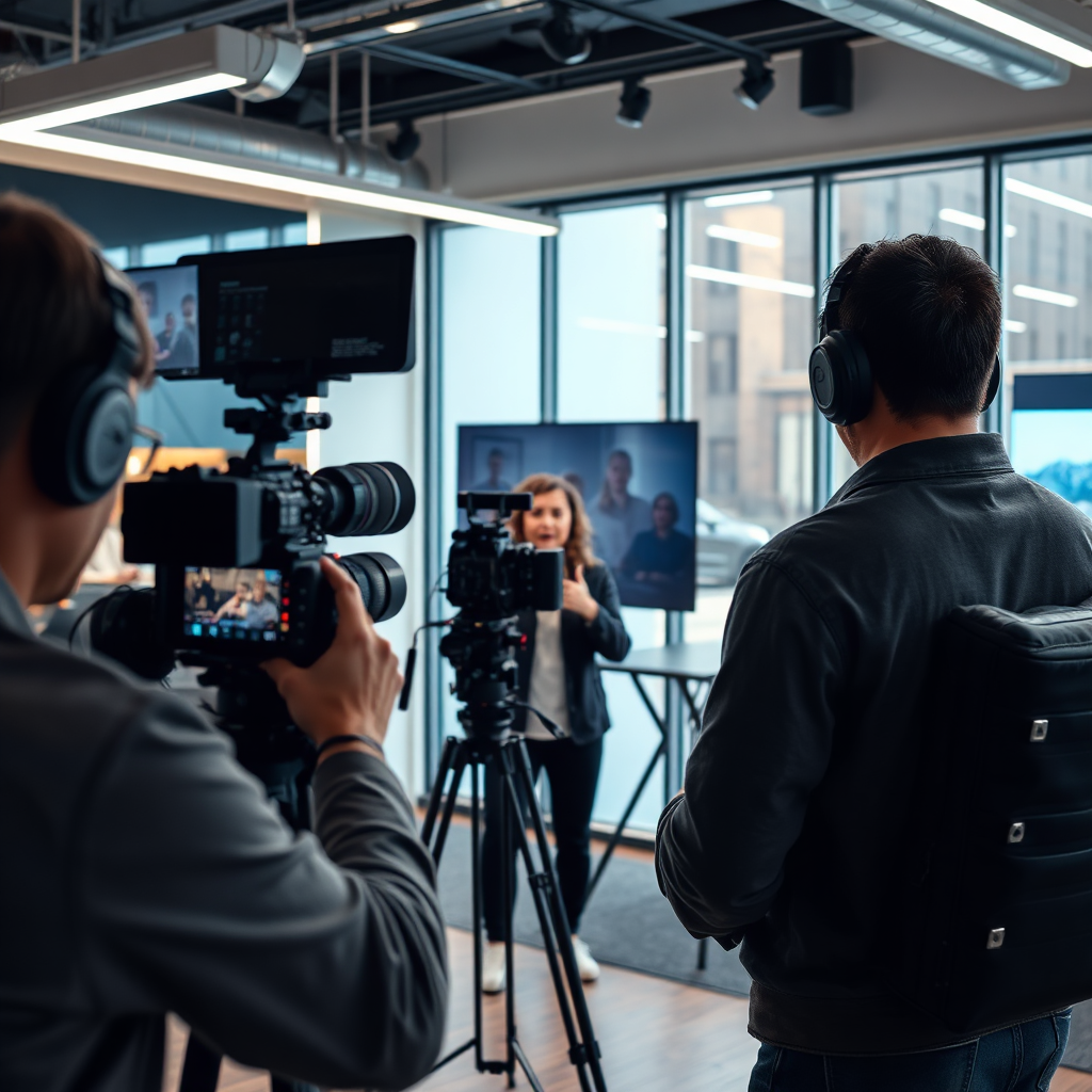 A behind-the-scenes shot of a video production crew filming a commercial in a modern office space. The scene should be well-lit and professional, with high-quality cameras, lighting equipment, and sound gear. The subject should be relaxed and comfortable, delivering a compelling message. The overall image should convey creativity, collaboration, and attention to detail. The color palette should be vibrant and engaging, reflecting the energy of the video production process.