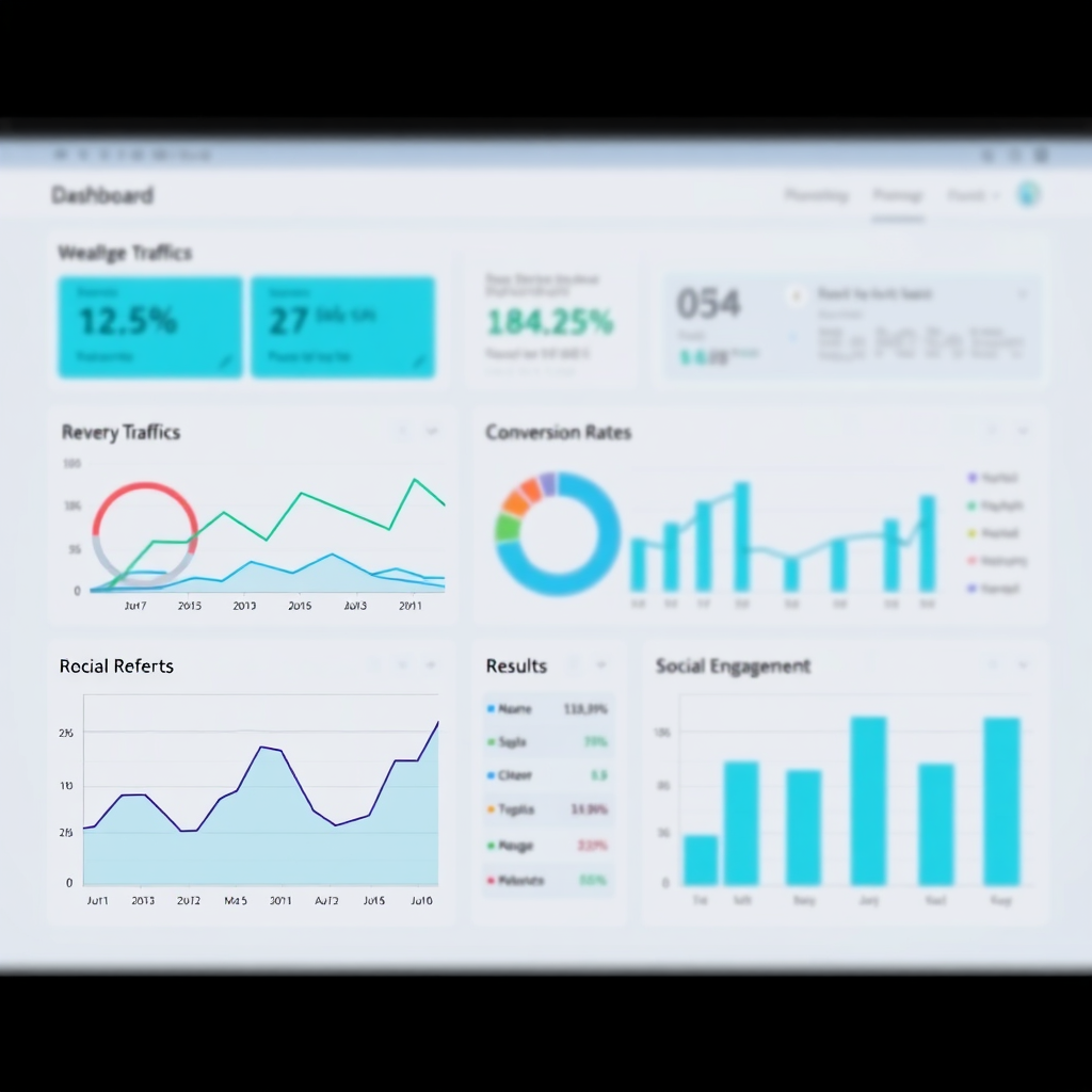 A clean, modern dashboard displaying key marketing metrics – website traffic, conversion rates, social media engagement. The dashboard is easy to read and understand, with clear visualizations of the data. The background is subtly blurred, emphasizing the data itself. Focus on the visual representation of data and its impact on decision-making. Use a cool color palette with accents of vibrant blue and green. The style should be professional and trustworthy, conveying a sense of expertise and transparency. Capture the essence of 'data' and 'results'.