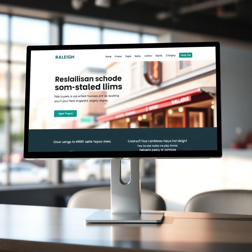 A clean, modern website design mockup displayed on a high-resolution monitor. The website should showcase a local Raleigh business, perhaps a restaurant or a retail store. The design should be user-friendly, visually appealing, and optimized for conversions. The color palette should be consistent with the business's branding. The background should be a blurred image of downtown Raleigh, creating a sense of place. Lighting should be soft and natural, highlighting the key features of the website. The image should convey professionalism, trustworthiness, and a focus on results. The style should be minimalist and modern, with a focus on usability.