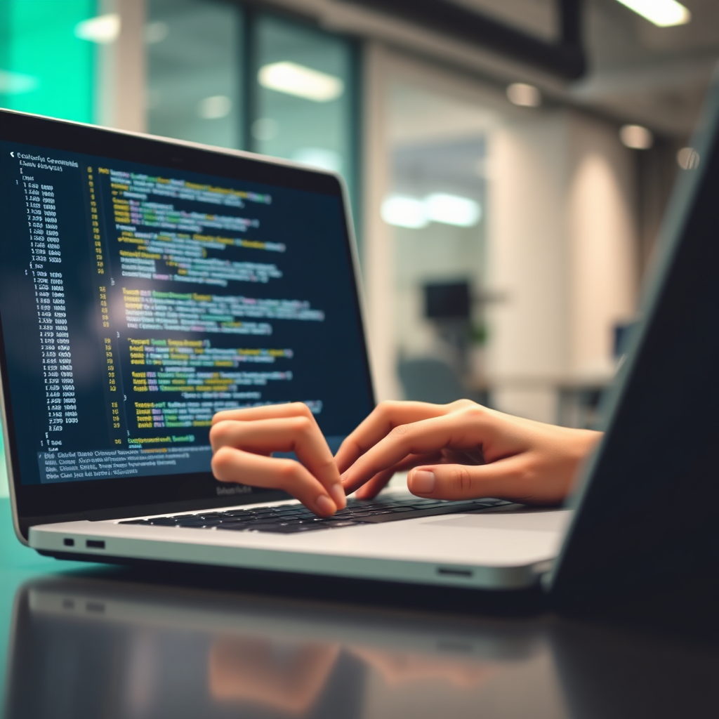 A close-up shot of a person's hands coding on a laptop, with a blurred background showing a modern office space. The code on the screen should be clean and well-structured. The lighting should be soft and natural, highlighting the person's hands and the laptop screen. The overall image should convey professionalism, technical expertise, and attention to detail. The color palette should be modern and tech-savvy, with blues, grays, and greens.