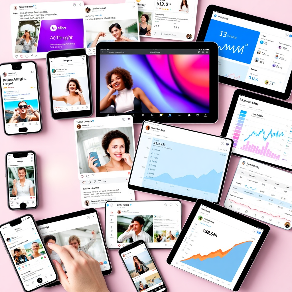 A collage of social media posts and analytics dashboards displayed on a variety of devices, including smartphones, tablets, and laptops. The posts should be visually appealing, engaging, and consistent with the brand's identity. The analytics dashboards should show positive trends in engagement, reach, and followers. The overall image should convey the power of social media marketing and the importance of data-driven strategies. The color palette should be bright and cheerful, with pops of color to highlight key metrics and trends.