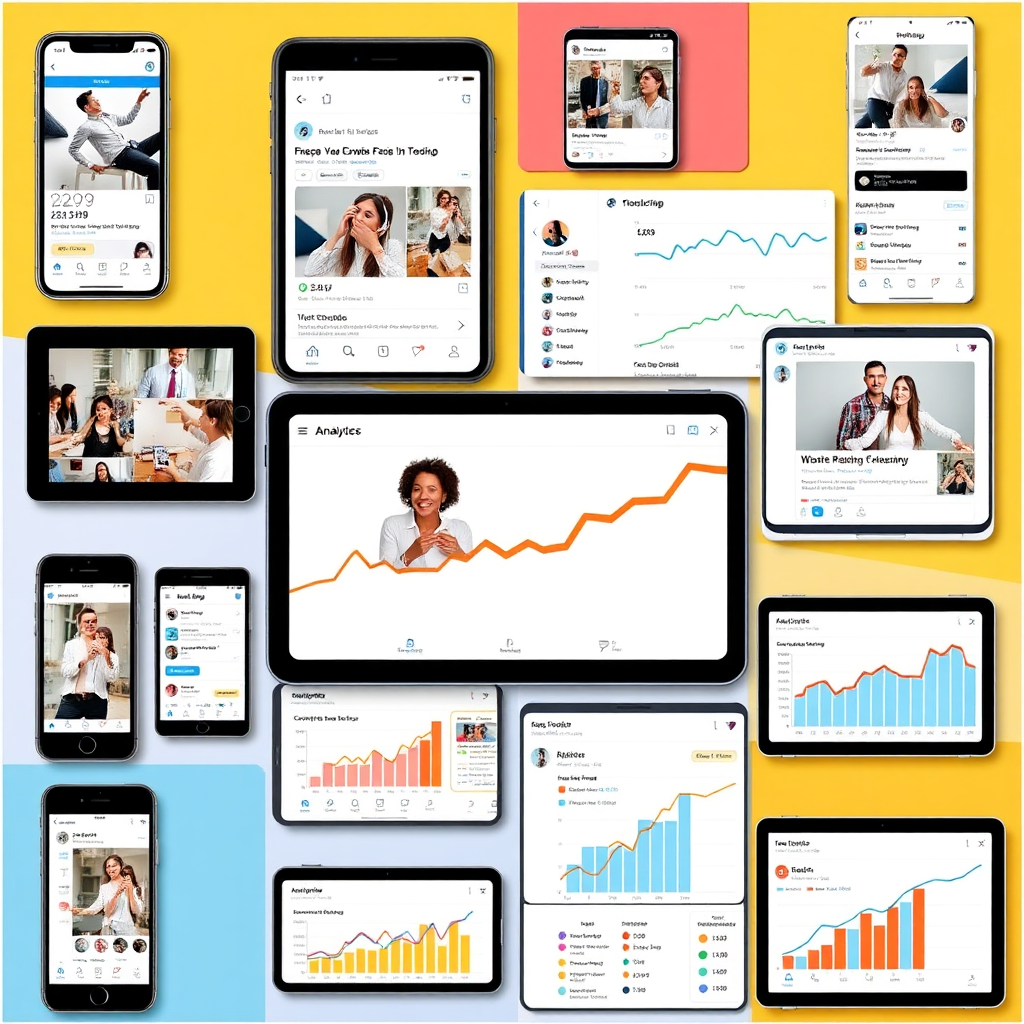 A collage of social media posts and analytics dashboards displayed on a variety of devices, including smartphones, tablets, and laptops. The posts should be visually appealing, engaging, and consistent with the brand's identity. The analytics dashboards should show positive trends in engagement, reach, and followers. The overall image should convey the power of social media marketing and the importance of data-driven strategies. The color palette should be bright and cheerful, with pops of color to highlight key metrics and trends. The style should be modern and tech-savvy, reflecting the dynamic nature of social media.
