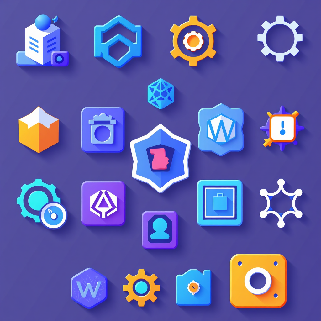 A collection of stylized icons representing different web development tools and technologies, arranged in a visually appealing composition. Color Palette: A modern and technological color scheme, with blues, purples, and greens. Technical specs: 4K, stylized.