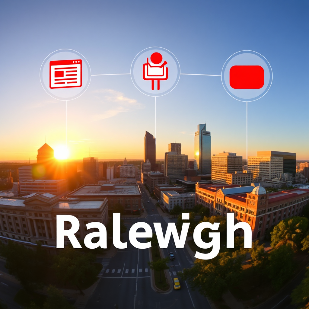 A panoramic view of downtown Raleigh, showcasing iconic landmarks and vibrant city life. The image is taken at golden hour, with warm light bathing the cityscape. Subtle overlays of marketing icons (website, social media, video) are integrated into the scene, representing the intersection of digital marketing and local expertise. Focus on the visual representation of Raleigh and its unique character. Use a warm color palette with accents of vibrant red and orange. The style should be authentic and inviting, conveying a sense of community and connection. Capture the essence of 'Raleigh' and 'local expertise'.
