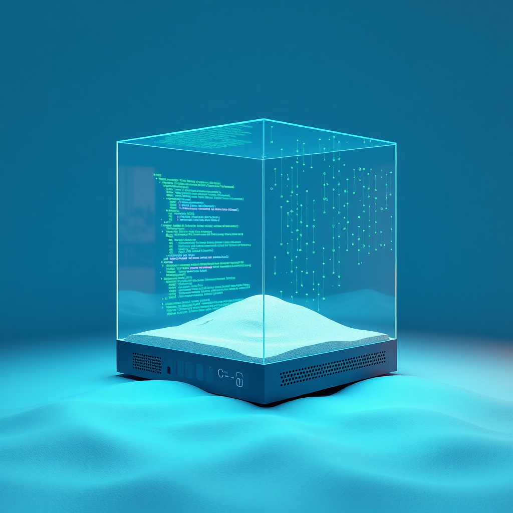 A photorealistic image depicting a sandboxed digital environment, with a transparent barrier protecting the surrounding system. Inside, visualize code and data streams flowing freely. Color Palette: Light blues and greens, representing safety and isolation. Technical specs: 4K, realistic.