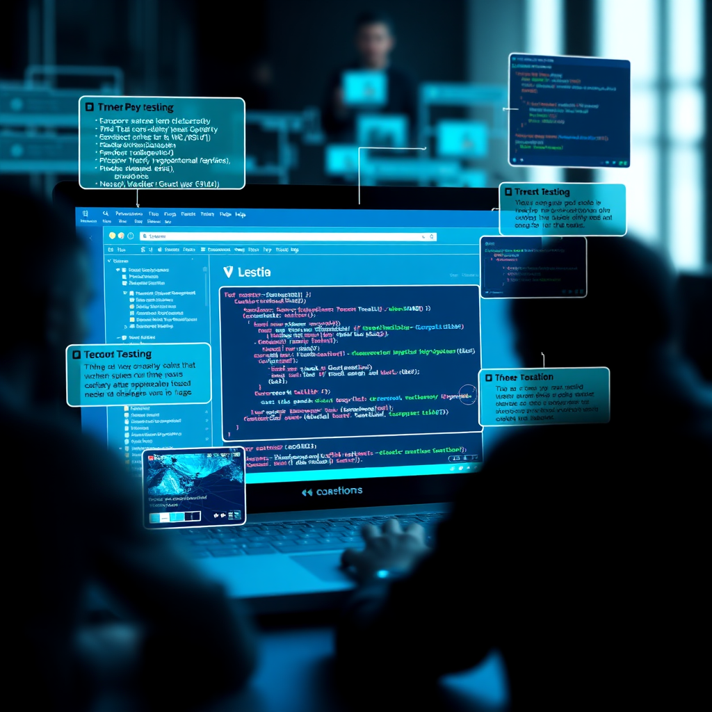 A photorealistic image depicting a web application interface being tested under various conditions, highlighting different testing scenarios. The focus should be on demonstrating the comprehensive nature of web application testing. Color palette: Tech-oriented blues and greens.