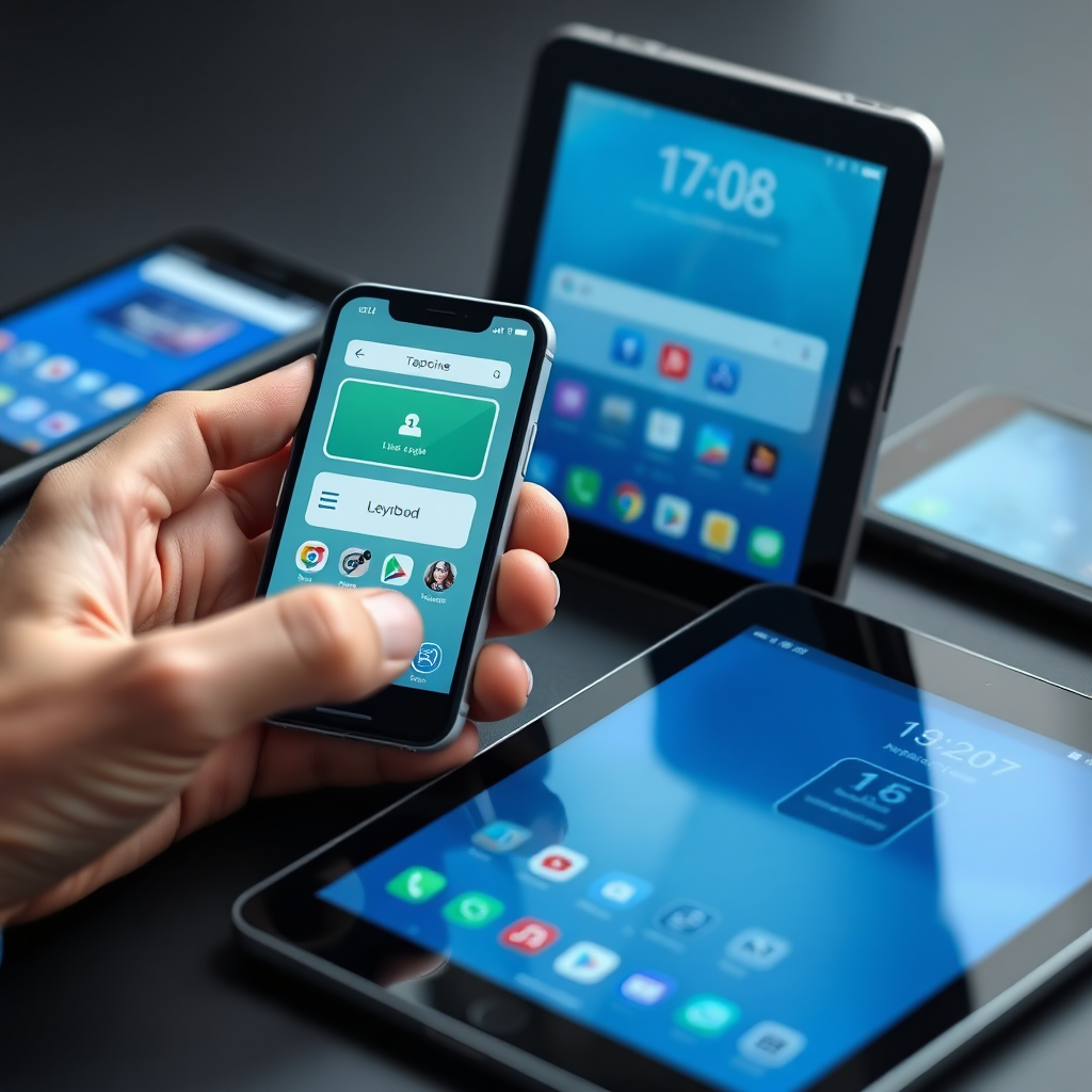 A photorealistic image showcasing a mobile application interface being tested on multiple devices (smartphones, tablets), with different operating systems. Color Palette: Device-themed grays and blues.