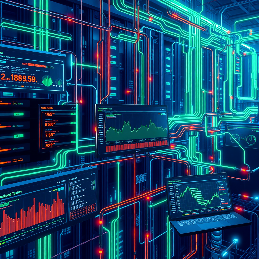 A photorealistic image showing a complex network of interconnected servers and data streams, with real-time monitoring dashboards displaying performance metrics. Highlight the flow of data and the dynamic testing processes. Color palette: Deep blues and vibrant greens, with accents of orange and red. Technical specs: 4K, realistic.