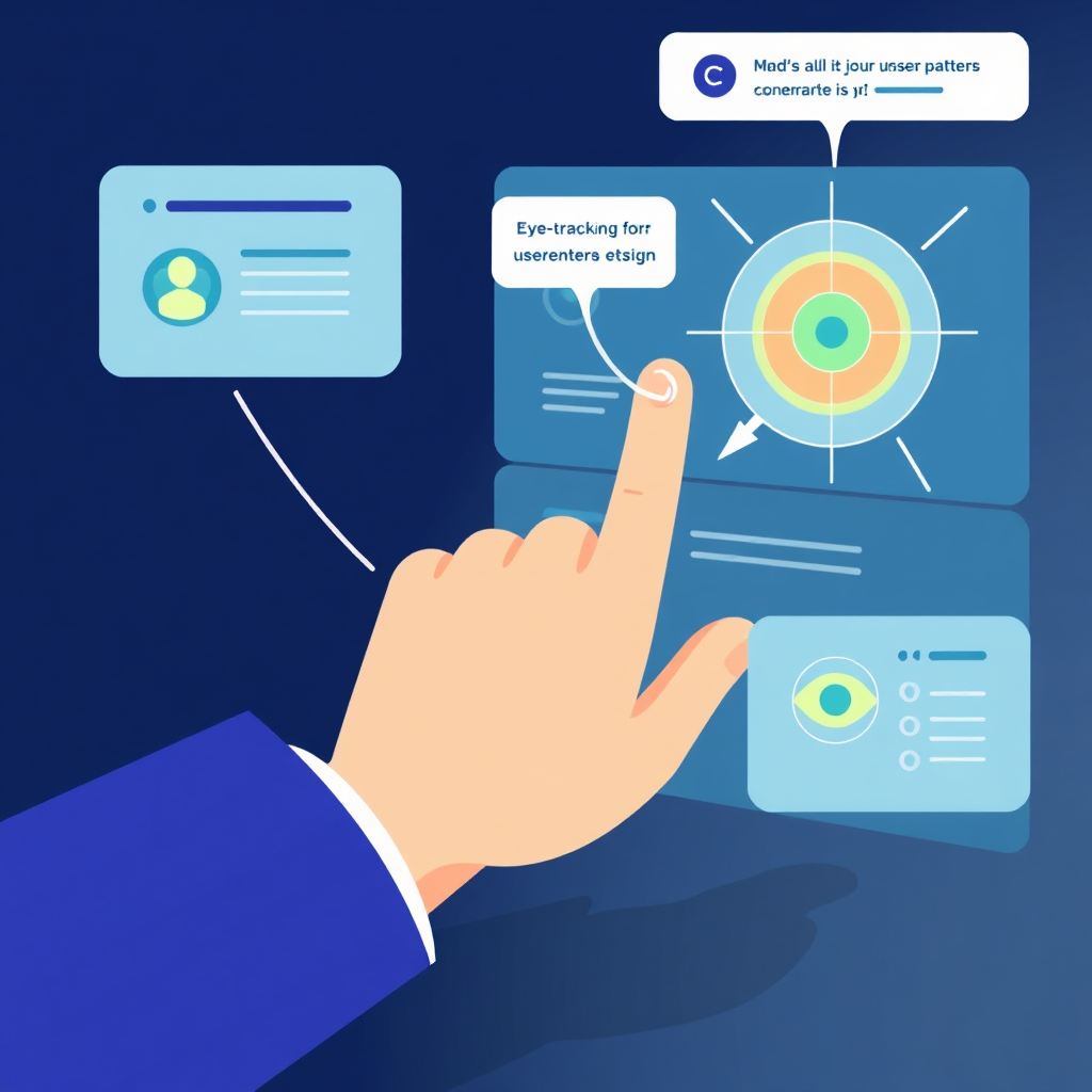 A stylized image of a human hand interacting with a web interface, with visual representations of user feedback and eye-tracking patterns. The focus should be on demonstrating the importance of user-centered design. Color palette: Pastel blues and greens.
