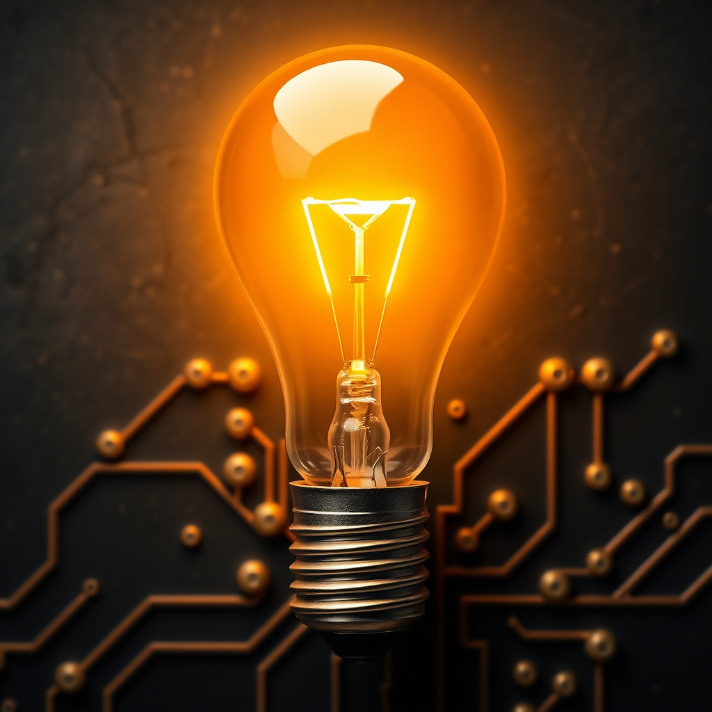 A stylized image of a lightbulb illuminating a circuit board, symbolizing innovation in web development. The lightbulb should be radiating a warm, inviting light. Color Palette: Warm golds and oranges against a dark, textured background. Technical specs: 4K, stylized.