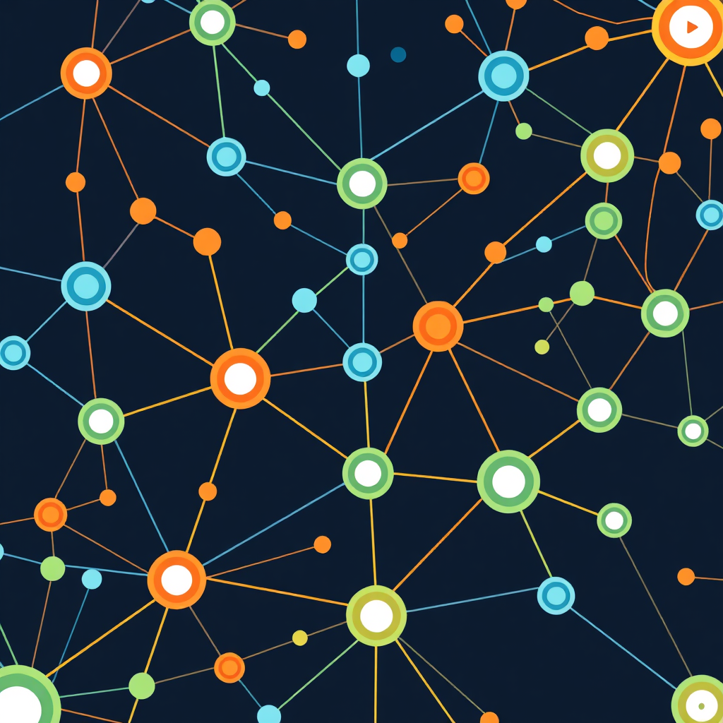 A stylized image of interconnected nodes representing open-source libraries and frameworks, with flowing data streams connecting them. Color Palette: A modern and open color scheme, with blues, greens, and oranges. Technical specs: 4K, stylized.