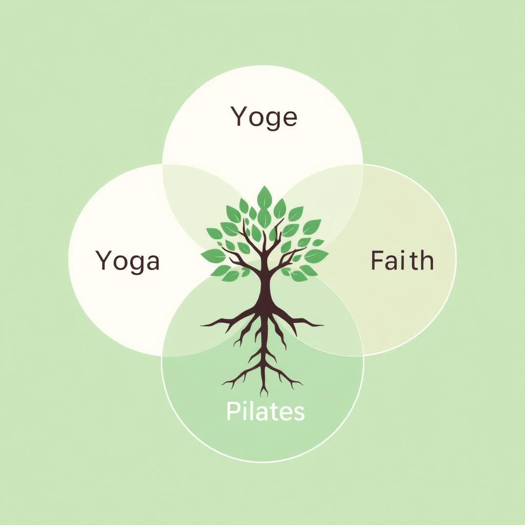 A stylized representation of a Venn diagram, with three overlapping circles labeled 'Yoga', 'Pilates', and 'Faith'. In the overlapping area, depict a radiant symbol of wholeness or a healthy tree with deep roots. The style should be clean, modern, and visually appealing. Use a bright and uplifting color palette. 4k.