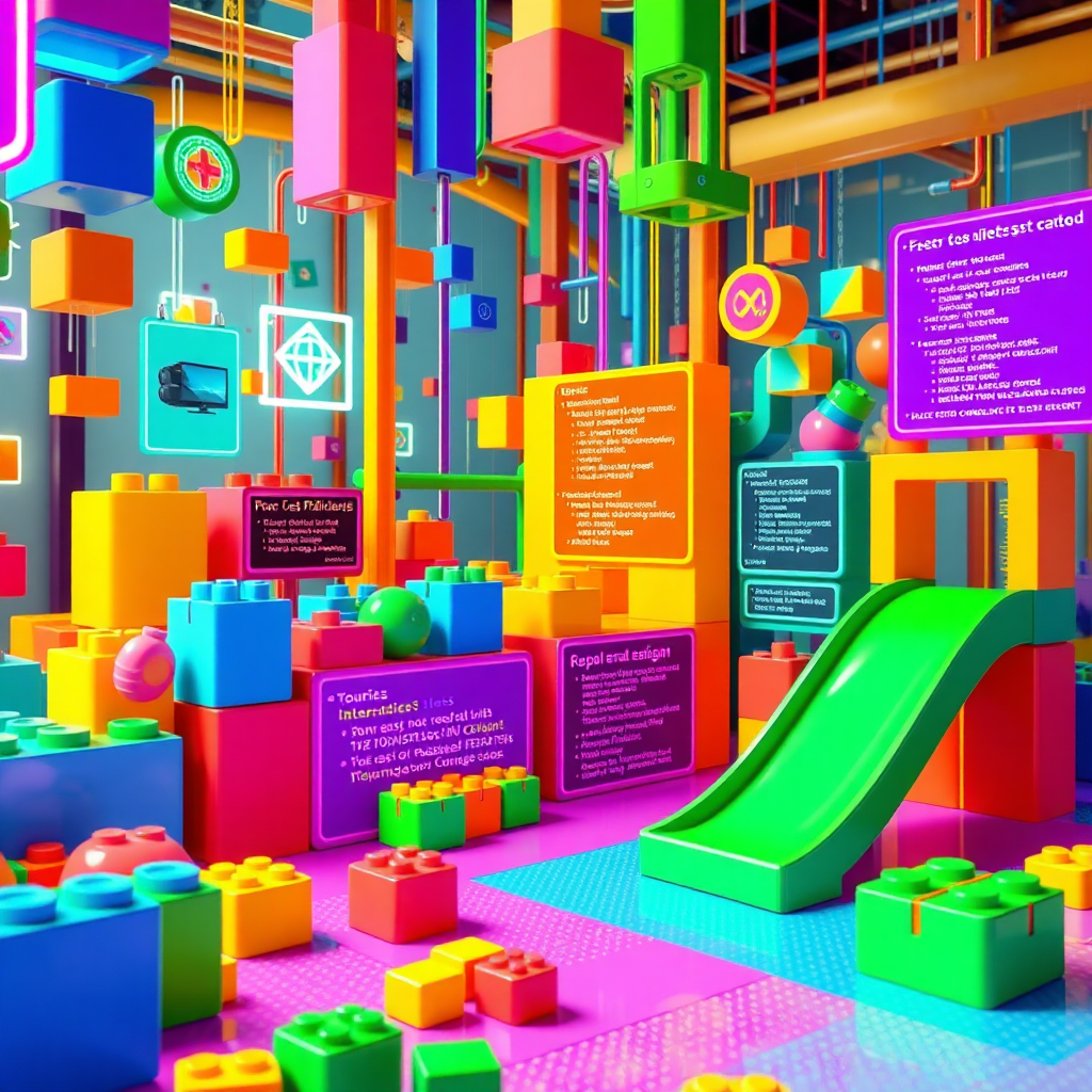 A vibrant and colorful image depicting a digital playground with various interactive elements, such as building blocks, code snippets, and visual effects. Color Palette: A bright and playful color scheme, with a wide range of vibrant colors. Technical specs: 4K, stylized.