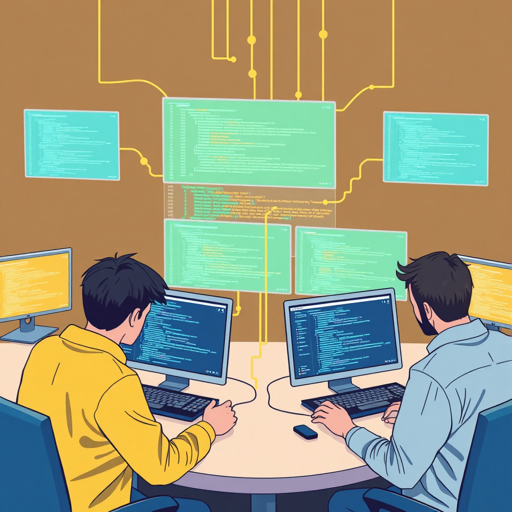 A visual representation of a group of developers working together on a shared codebase, with interconnected screens and data streams. Color Palette: A collaborative and harmonious color scheme, with blues, greens, and yellows. Technical specs: 4K, realistic.
