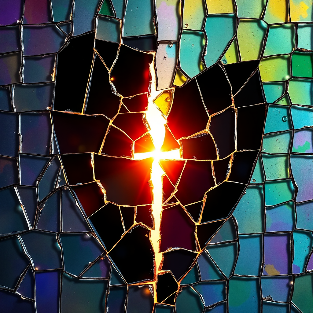 An artistic representation of broken pieces of glass slowly coming back together, forming a complete mosaic. Light shines through the cracks, symbolizing healing and restoration. The color palette should be vibrant and hopeful. 4k.
