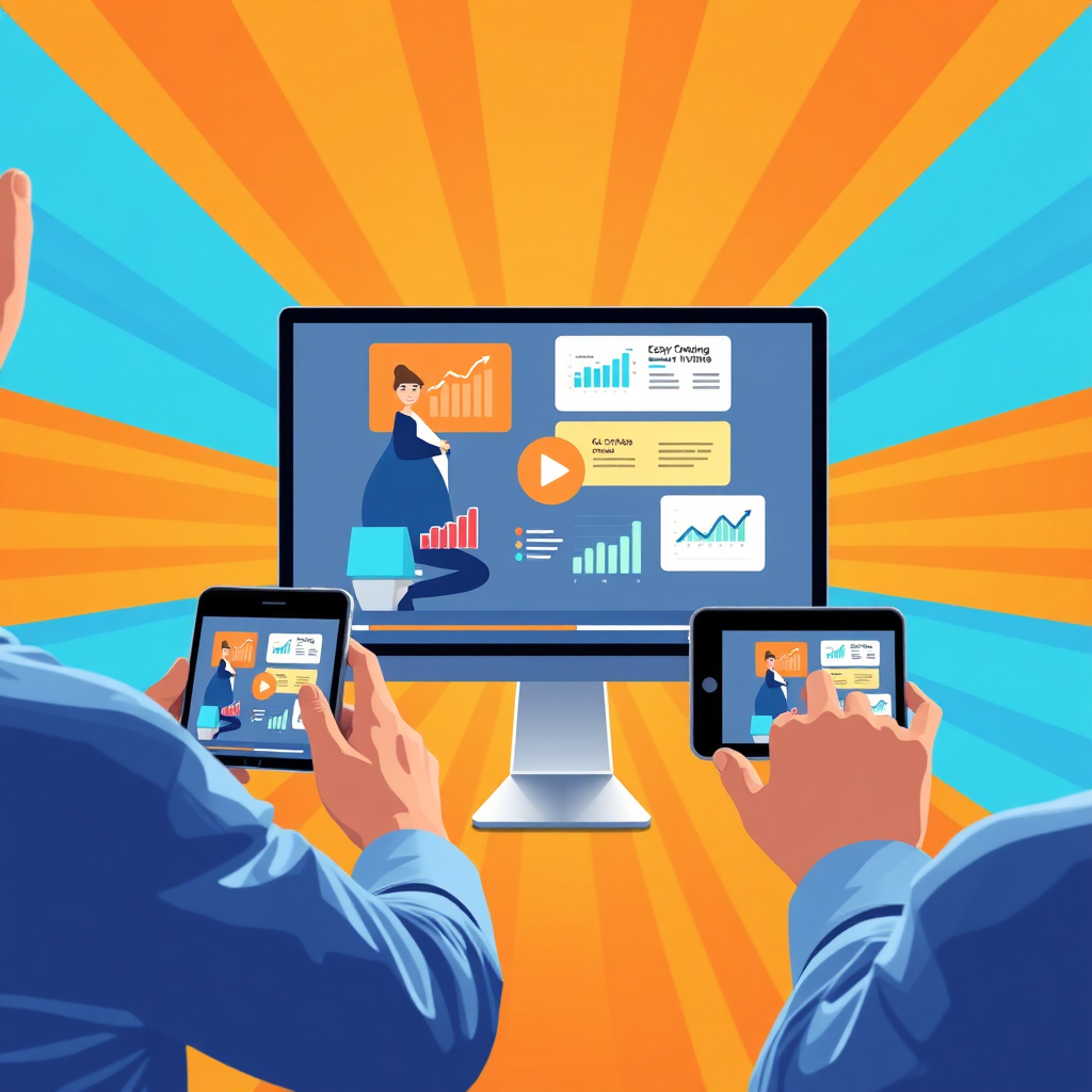 Create a dynamic image of an engaging explainer video being watched on multiple devices. The video shows animated charts highlighting key features. Use bright, friendly colors. The background should convey energy and conversion. Make it sleek and modern.