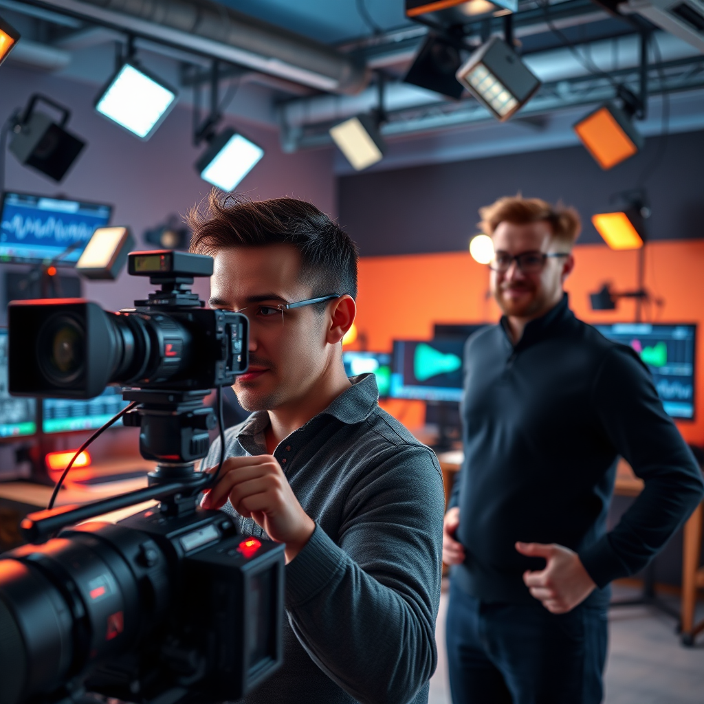 Create a photorealistic, 8K resolution image. The scene shows a modern video production studio. In the foreground, a director is looking through a camera with a client standing beside him nodding approvingly. Behind them, various video production equipment is visible but slightly out of focus: lights, monitors displaying waveforms, and editing software interfaces. The lighting is professional, with soft key lights highlighting the foreground and subtle backlights adding depth. The color palette should be a mix of cool blues and warm oranges. The angle should be slightly low, conveying a sense of power and quality. Textures should be hyperrealistic, showing the detail of the equipment and clothing. The overall style should be sleek and modern, conveying efficiency and professionalism. The composition must emphasize a sense of collaboration and high-quality production, reflecting the scalable options and low-cost nature of Viralatraction's services.