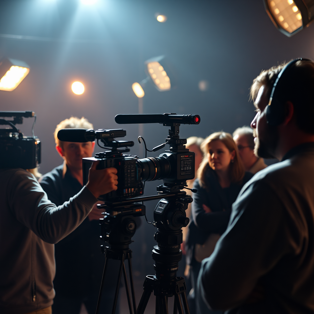 Create a photorealistic image of a professional video shoot in progress, with a director, camera operator, and actors. The lighting should be cinematic, creating a sense of drama and quality. The composition should be dynamic and engaging, capturing the energy of the set. Textures should be realistic, showing the detail of the equipment and the environment.