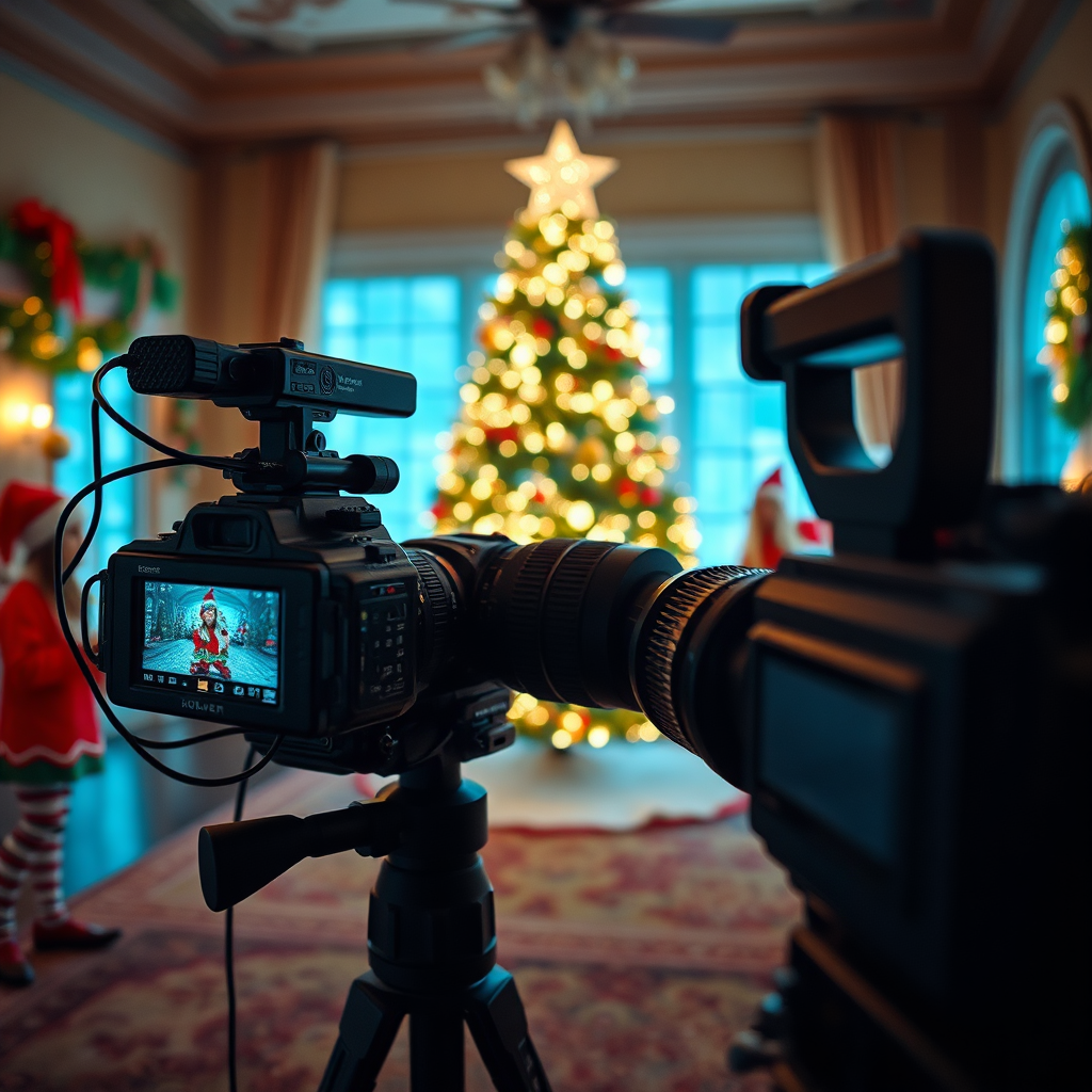 Create a photorealistic image of a video camera filming a holiday scene. The scene includes actors dressed as elves and a beautifully decorated Christmas tree. The lighting is warm and inviting, creating a festive atmosphere. The camera angle is slightly low, capturing the excitement and energy of the scene.