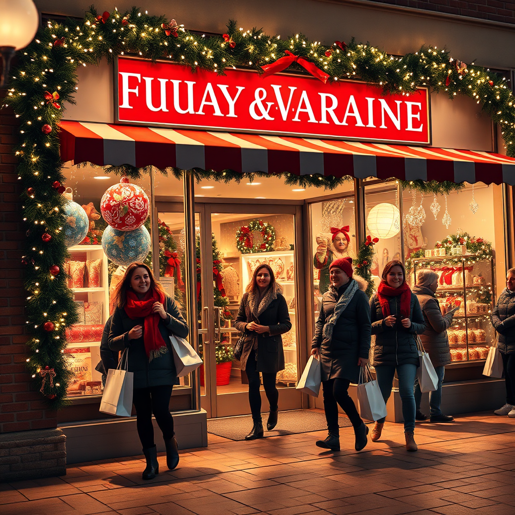 Create a photorealistic image of a Fuquay-Varina business storefront bustling with holiday shoppers. The store is beautifully decorated with festive lights and displays. Happy customers are entering and exiting the store with shopping bags. The lighting should be warm and inviting, highlighting the festive atmosphere. The color palette should be rich in reds, greens, and golds. The camera angle should be slightly low, creating a sense of excitement and energy. Include textures like twinkling lights, detailed shop windows, and crisp winter clothing.