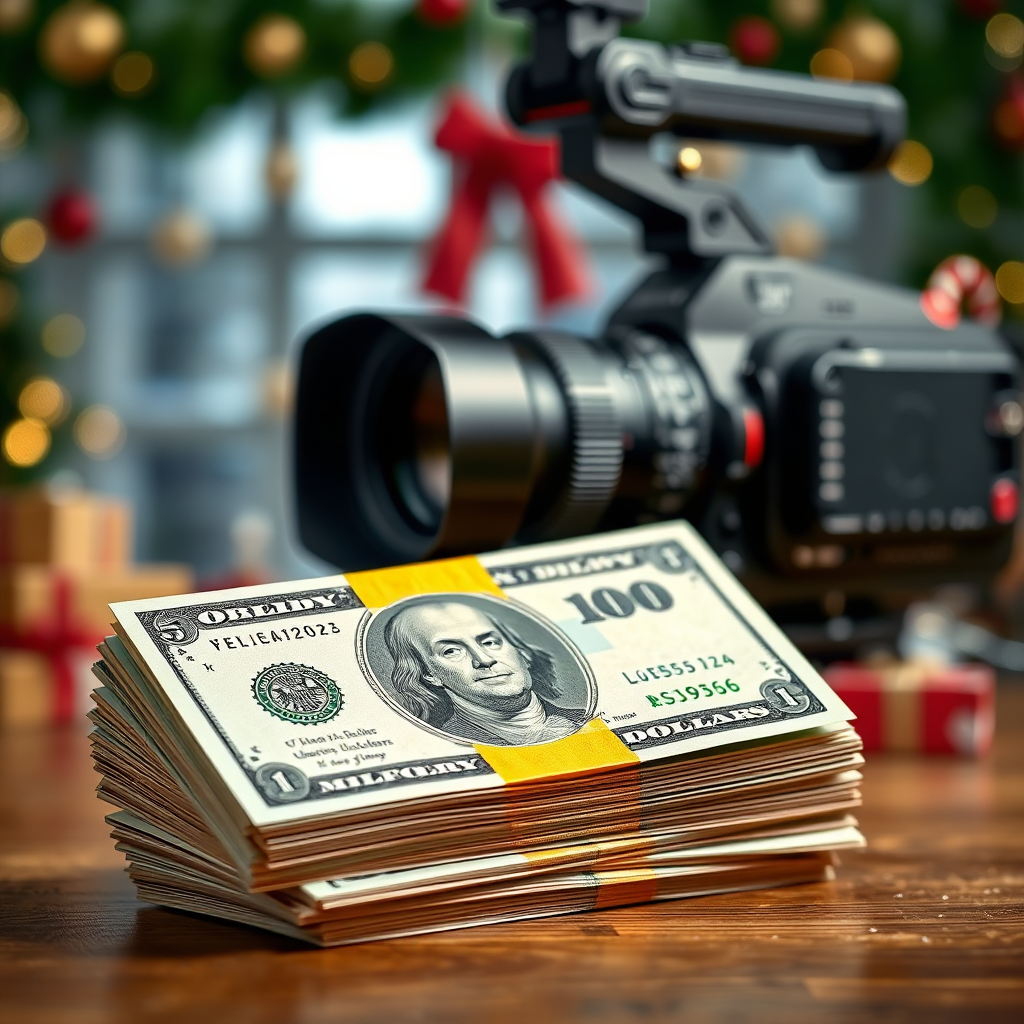 Create a photorealistic image of a stack of dollar bills next to a professional video camera. The background is a blurred image of a holiday-themed set. The color palette is green and gold, representing money and value. The camera angle is a close-up, highlighting the contrast between the cost and the quality.