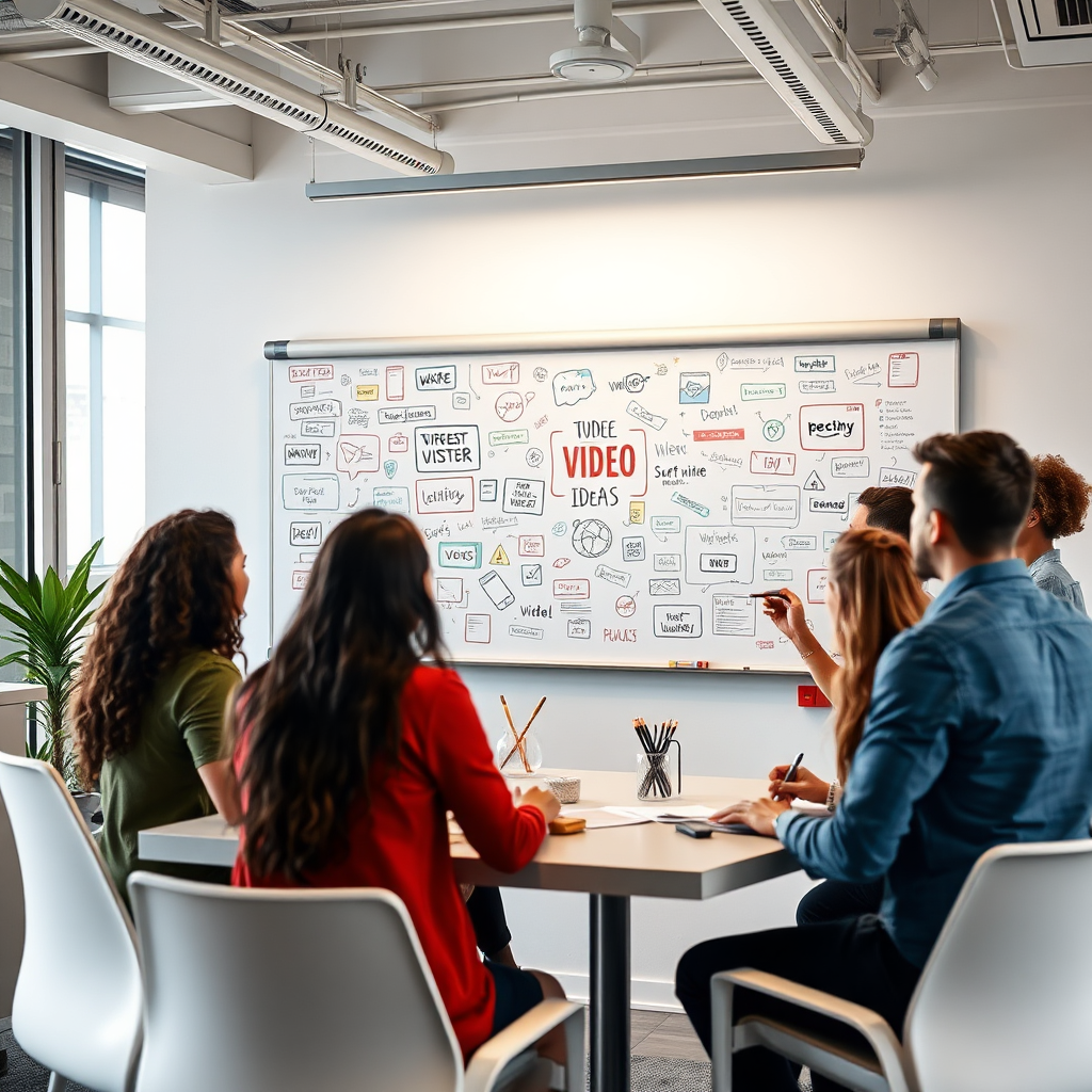 Create a photorealistic image of a brainstorming session in a modern office. The scene shows a diverse group of people collaborating on a whiteboard filled with video ideas and strategies. The lighting should be bright and professional, emphasizing the collaborative atmosphere. The color palette is diverse, reflecting the variety of ideas and perspectives. The composition should be dynamic and engaging, showing the energy and creativity of the brainstorming session. Textures should be realistic, showing the detail of the office environment and the people involved. The angle should be slightly elevated, providing an overview of the scene. This image represents Viralatraction's ability to provide custom video production solutions that meet the unique needs of each client.