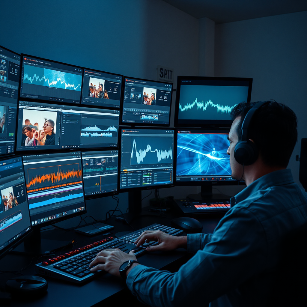 Create a photorealistic image of a video editor working on a complex editing project, with multiple screens displaying timelines, waveforms, and visual effects. The lighting should be focused, highlighting the editor's concentration. The color palette should be cool and professional. Textures should be realistic, showing the detail of the editing software and the equipment.