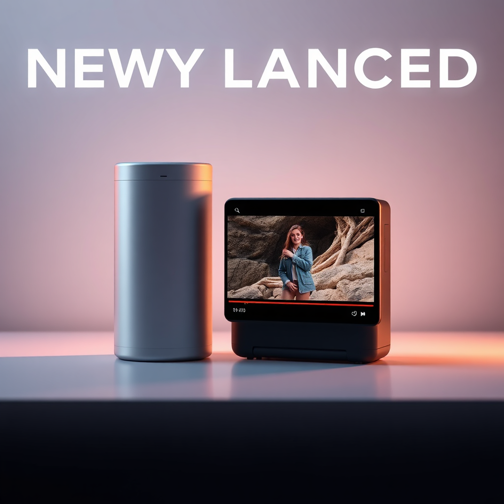 Create a photorealistic image of a newly launched product with a captivating video ad playing beside it. The video is eye-catching and professional, grabbing the viewer's attention. Soft lighting highlights the product. The background is minimal, keeping the focus on the product and video. The style is clean and modern, emphasizing quality and innovation.
