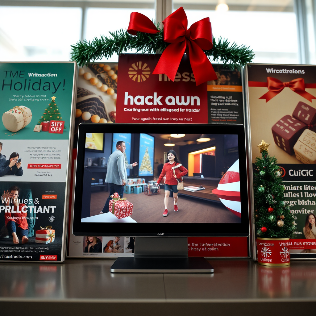 Create a photorealistic image showcasing a collection of holiday advertisements, with one Viralattraction Video Production video prominently displayed and standing out from the rest. The other ads are generic and uninspired. The Viralattraction video is eye-catching and engaging. The camera angle is close-up, highlighting the contrast between the video and the other ads.