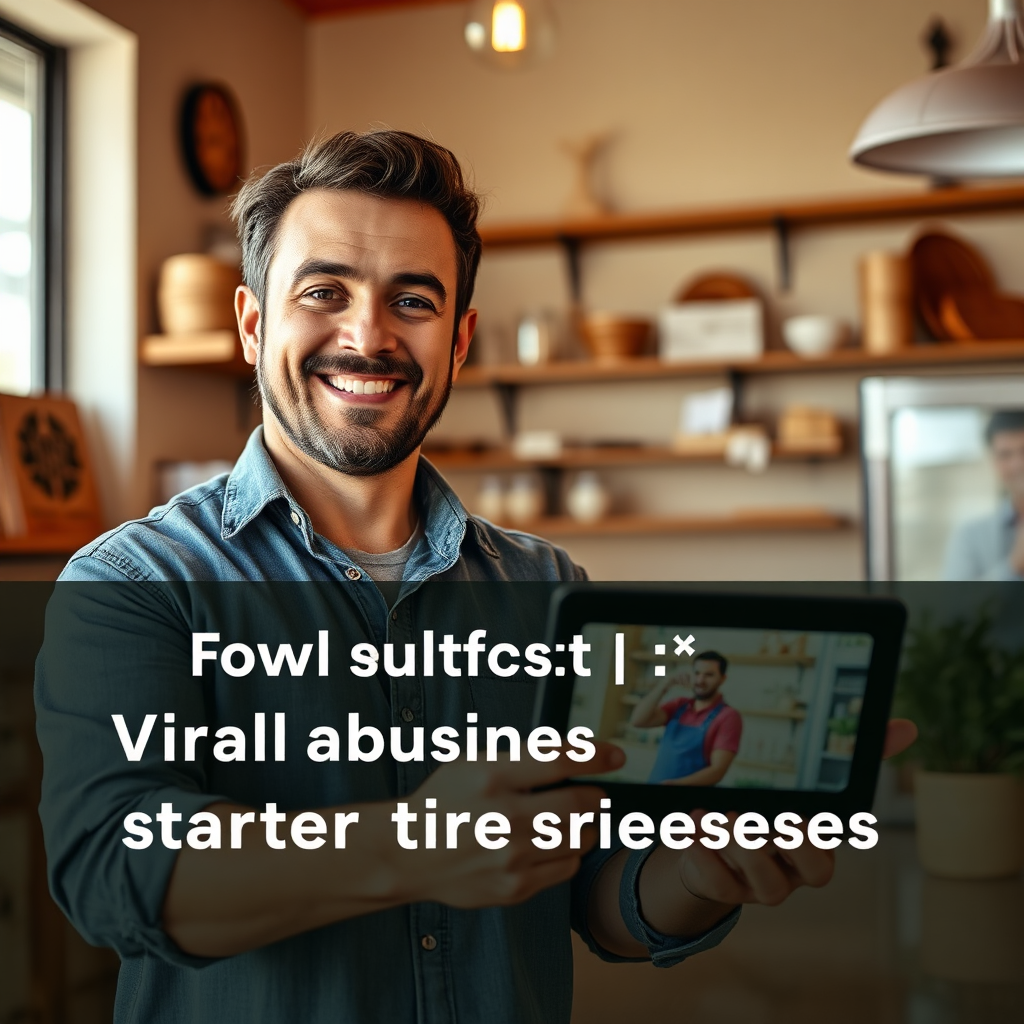  Create a photorealistic image of a small business owner proudly showcasing their product next to a professionally filmed video playing on a tablet. The lighting should be natural, emphasizing the authenticity of the scene. The color palette is warm and inviting. The composition should be simple and direct, focusing on the small business owner and their product. Textures should be realistic, showing the detail of the product and the environment. The angle should be eye-level, creating a sense of connection. This image represents the affordability and accessibility of Viralatraction's starter tier for small businesses.